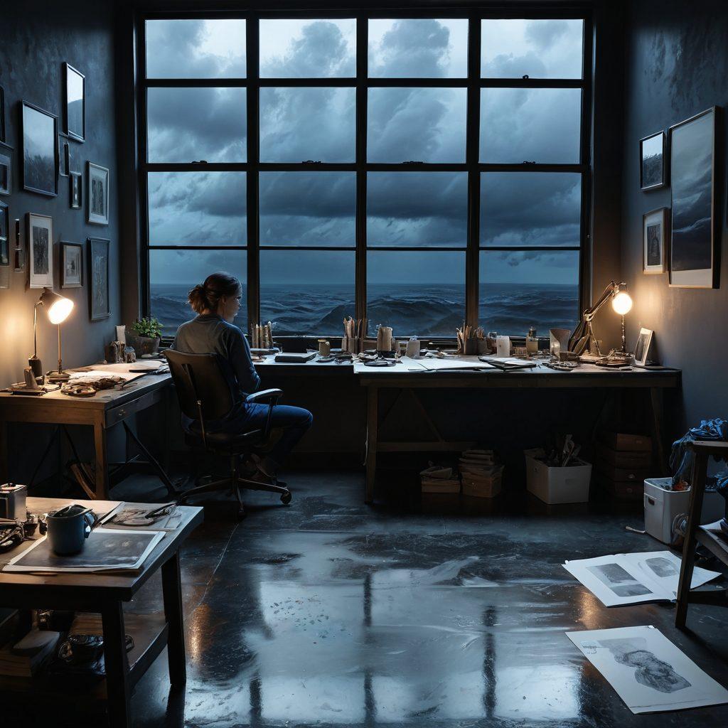 A creative workspace filled with AV production equipment, surrounded by shades of blue and gray to reflect a melancholic atmosphere. A diverse group of artists collaborate, with expressions of inspiration despite the gloom, art pieces in various stages of completion, and soft lighting that evokes warmth. In the background, a large window reveals a stormy sky, symbolizing resilience in adversity. super-realistic. moody colors. 3D.